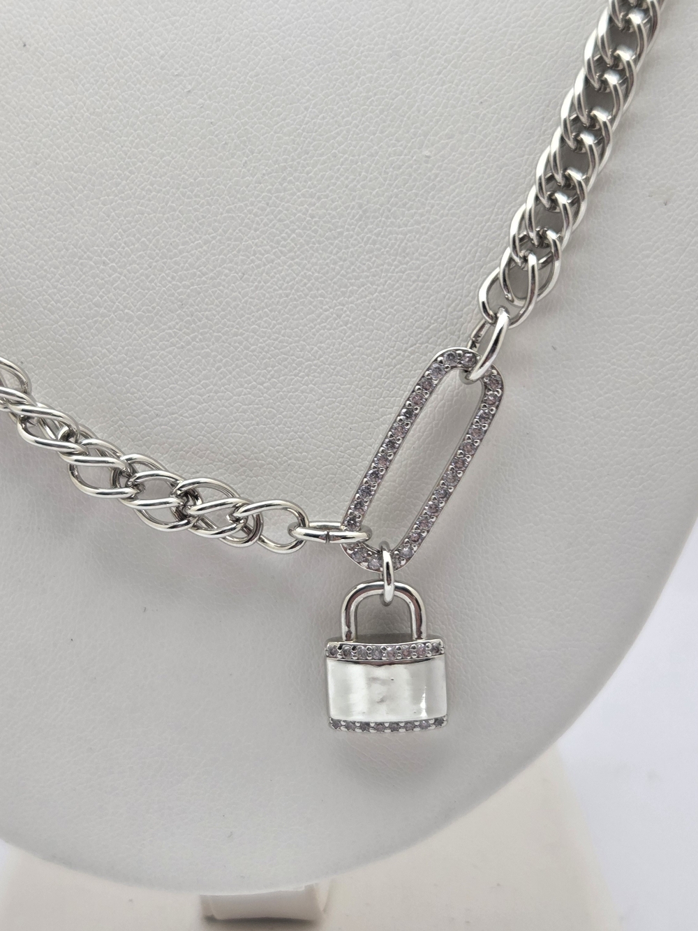 Silver Tone Padlock Pendant Necklace 25" Crystal Oval Link Curb Chain